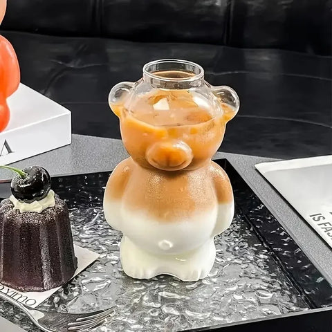 4 cups of 320ml/10.93oz, equipped with 4 straws and brushes, cute teddy bear glass cups, high footed glass beverage containers