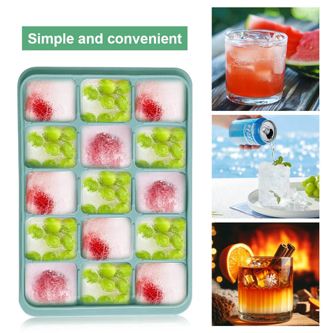 Ice Cube Tray, Ice Tray, Silicone Square Ice Cube Molds, Easy Release 15 Flexible Silicone Ice Cube Molds With Removable Lid, Fo