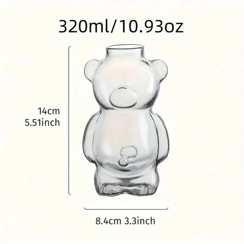 4 cups of 320ml/10.93oz, equipped with 4 straws and brushes, cute teddy bear glass cups, high footed glass beverage containers