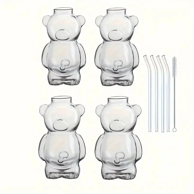 4 cups of 320ml/10.93oz, equipped with 4 straws and brushes, cute teddy bear glass cups, high footed glass beverage containers