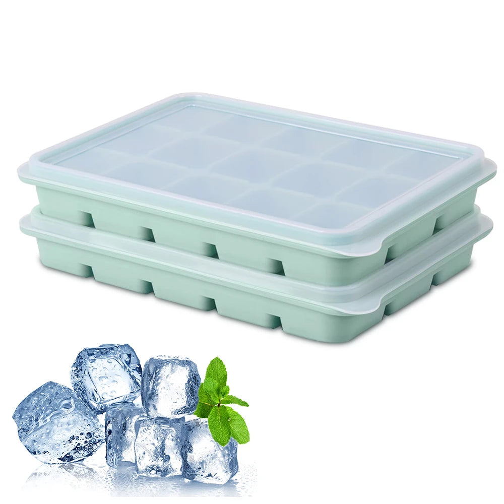 Ice Cube Tray, Ice Tray, Silicone Square Ice Cube Molds, Easy Release 15 Flexible Silicone Ice Cube Molds With Removable Lid, Fo