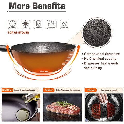 12.5" Traditional Iron Wok Carbon Steel Wok Pan Non-stick Kitchen Cookwar Woks and Stir Fry Pans with lid for All Stoves