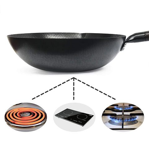 12.5" Traditional Iron Wok Carbon Steel Wok Pan Non-stick Kitchen Cookwar Woks and Stir Fry Pans with lid for All Stoves