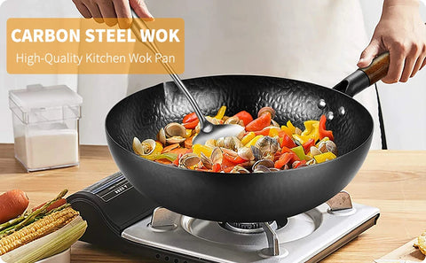 12.5" Traditional Iron Wok Carbon Steel Wok Pan Non-stick Kitchen Cookwar Woks and Stir Fry Pans with lid for All Stoves