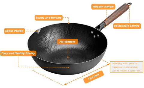 12.5" Traditional Iron Wok Carbon Steel Wok Pan Non-stick Kitchen Cookwar Woks and Stir Fry Pans with lid for All Stoves