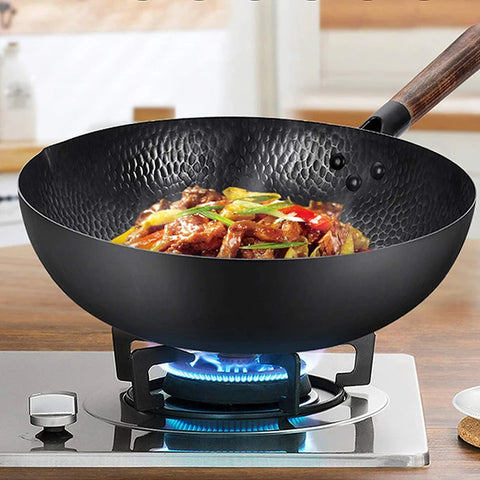 12.5" Traditional Iron Wok Carbon Steel Wok Pan Non-stick Kitchen Cookwar Woks and Stir Fry Pans with lid for All Stoves