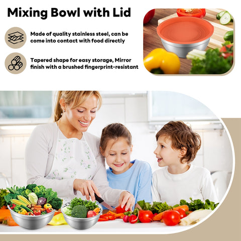 Mixing Bowl with Lid Set of 5, Stainless Steel Nesting Salad Bowl Set for Prepping, Mixing and Serving