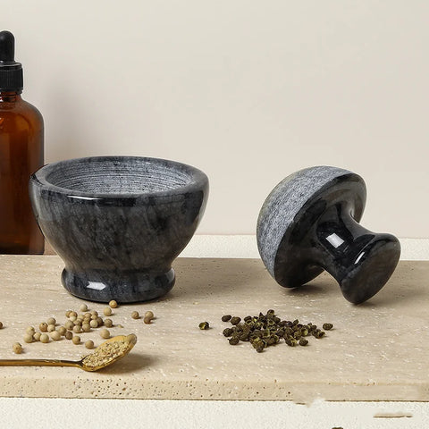 4 Inch Marble Mortar and Mushroom Pestle Stone Grinder Garlic Crusher Spice Mills Black Grinder for Kitchen Fine Grind Easily