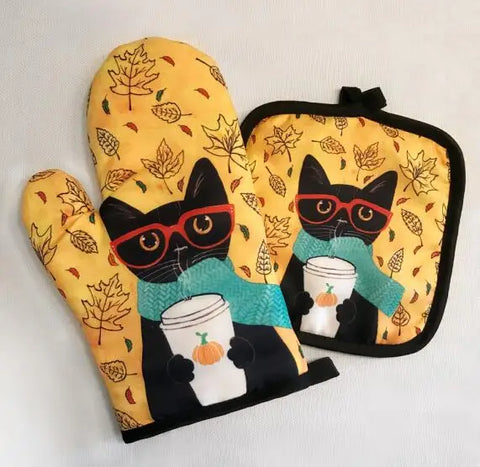 Blue Cat Pattern Microwave Glove Cute Baking Gloves and Mat Polyester Oven Mitt Insulation Potholder Kitchen Tools Accessories