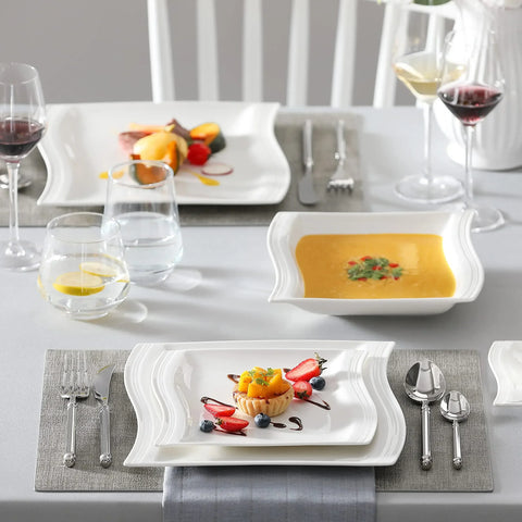 White Dinnerware Set, 30-Piece Porcelain Dinnerware Sets, Modern Square Dinner Set Plates and Bowls for Dessert,