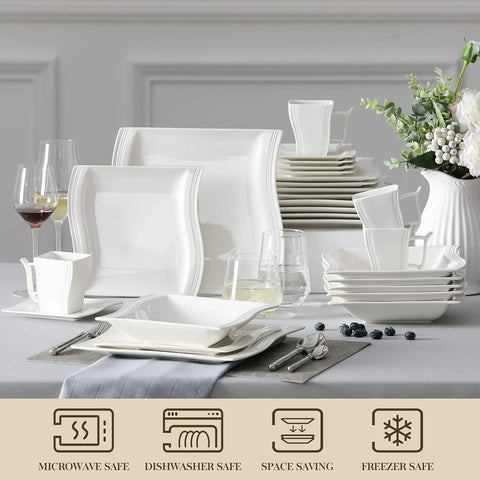 White Dinnerware Set, 30-Piece Porcelain Dinnerware Sets, Modern Square Dinner Set Plates and Bowls for Dessert,