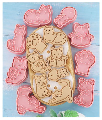 8Pcs/set Cat Cookie Cutters Plastic 3D Cartoon Pressable Biscuit Mold Cookie Stamp Kitchen Baking Pastry Bakeware Tool