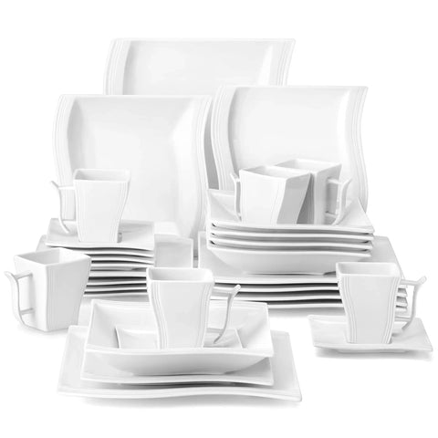 White Dinnerware Set, 30-Piece Porcelain Dinnerware Sets, Modern Square Dinner Set Plates and Bowls for Dessert,