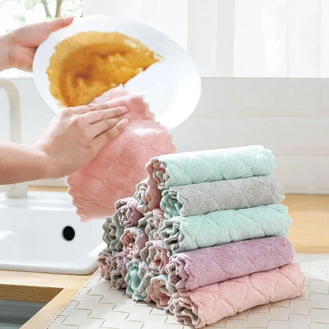 12/1pcs Double-layer Microfiber Towel Super Absorbent Coral Fleece Cleaning Cloths Kitchen Non-stick Oil Dishcloths Scouring Rag