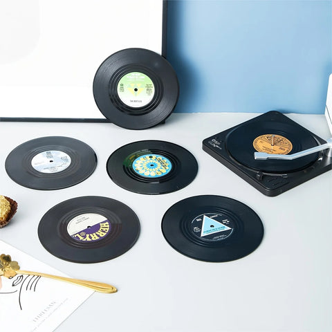 6PCS Retro Vinyl Record Coaster Set with Storage Rack - Heat-resistant, CD Shaped Beverage Mat Suitable for Coffee and Tea Cups