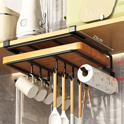 Kitchen Hanging Organizer Rack with Hooks Under Cupboard Paper Towel Rags Hanger Cutting Board Pot Cover Holder Storage Shelf