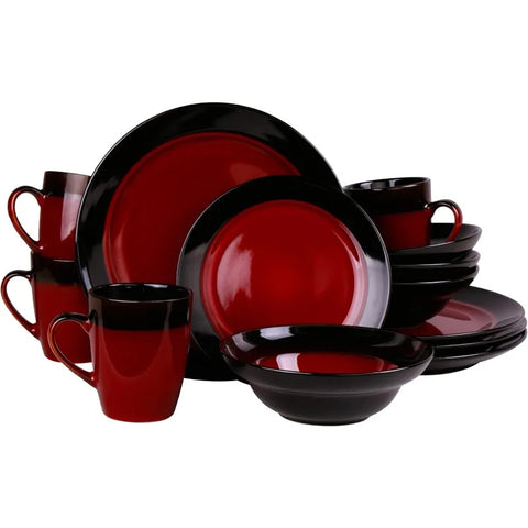 Round Stoneware Two-Toned Dinnerware Dish Set, 16 Piece, Bright Red and Black