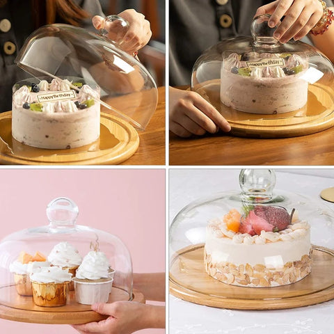 Wood Cake Display Rack Cupcake Holder Dome Lid For Tea Party Cake Serving Plate Cheese Display Glass Dome