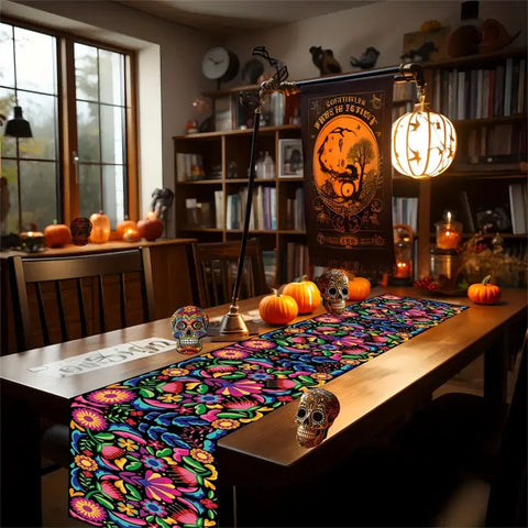 1pc, Table Runner, Festive Mexican Style Table Runner, Polyester Vibrant Day Of The Dead Design, Colorful Home & Party Decor