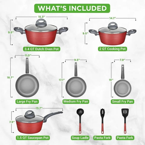 Professional 12-Piece Red Nonstick Cookware - PFOA/PFOS-Free, Heat Resistant Lacquer, Elegant Design, Multi-Sized Pots and Pans