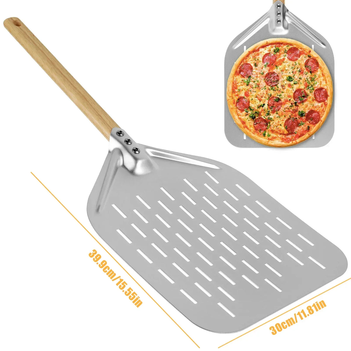 12inch Aluminium Alloy Pizza Shovel with Wood Handle Non-Stick Perforated Pizza Shovel Lightweight Pizza Peel Shovel Baking Tool