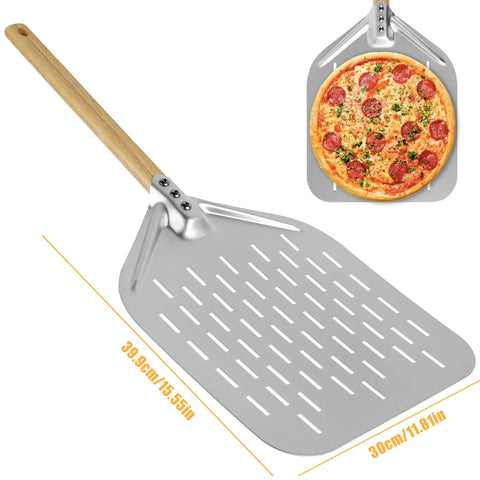 12inch Aluminium Alloy Pizza Shovel with Wood Handle Non-Stick Perforated Pizza Shovel Lightweight Pizza Peel Shovel Baking Tool