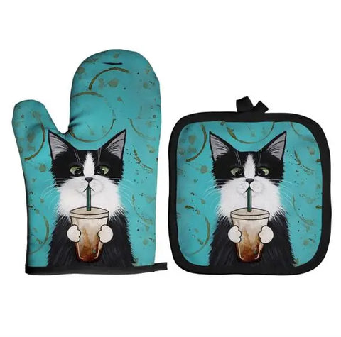 Blue Cat Pattern Microwave Glove Cute Baking Gloves and Mat Polyester Oven Mitt Insulation Potholder Kitchen Tools Accessories