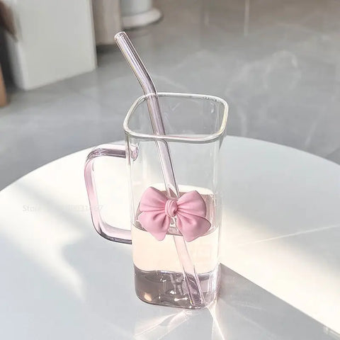 350ML Square Mug with Lids and Straws with Bow Water Cup Household Cup Female Milk Coffee Cups with Pink Handle Gift