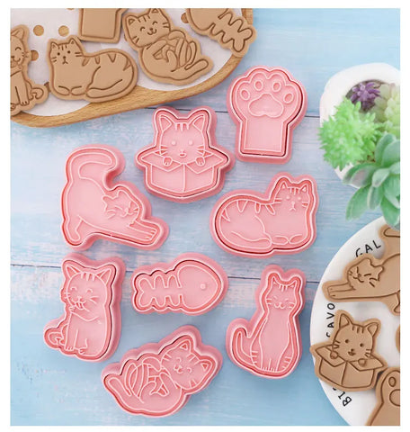 8Pcs/set Cat Cookie Cutters Plastic 3D Cartoon Pressable Biscuit Mold Cookie Stamp Kitchen Baking Pastry Bakeware Tool