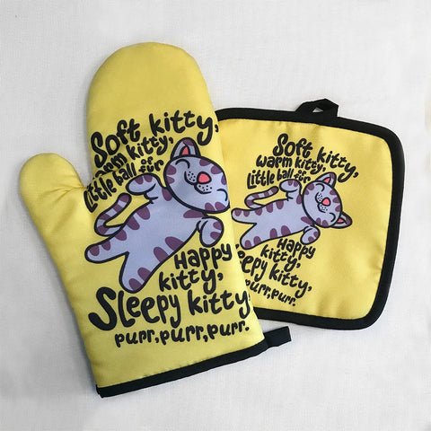 Blue Cat Pattern Microwave Glove Cute Baking Gloves and Mat Polyester Oven Mitt Insulation Potholder Kitchen Tools Accessories