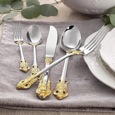 Luxury 65 Pieces 18/10 Stainless Steel Flatware Service for 12, silver plated with gold accents Fine Silverware