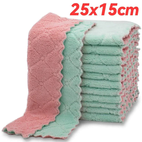 12/1pcs Double-layer Microfiber Towel Super Absorbent Coral Fleece Cleaning Cloths Kitchen Non-stick Oil Dishcloths Scouring Rag