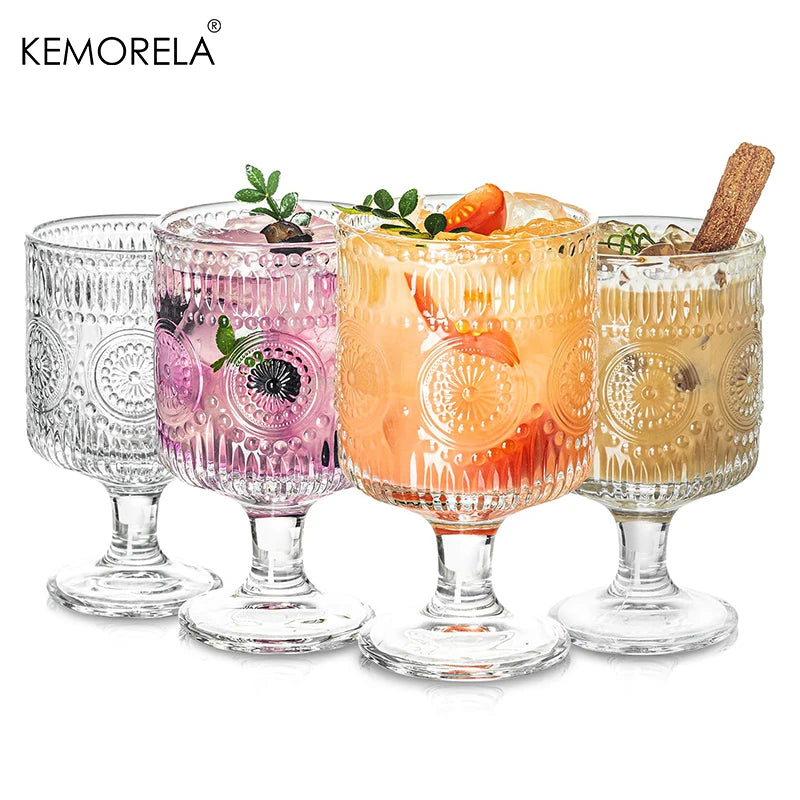 4PCS Vintage Goblet Glasses Charming Vintage Embossed Floral Cocktail Glass Cups Set Mixed Drink Glasses For Bars Restaurants