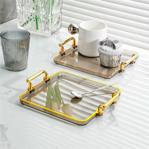 Serving Tray with Handles Food Tray Rectangle Plate Easy to Clean Platter Cosmetic Tray Gold Rim Decorative Tray for Parties