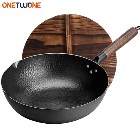 12.5" Traditional Iron Wok Carbon Steel Wok Pan Non-stick Kitchen Cookwar Woks and Stir Fry Pans with lid for All Stoves