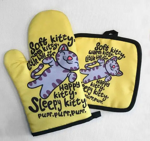 Blue Cat Pattern Microwave Glove Cute Baking Gloves and Mat Polyester Oven Mitt Insulation Potholder Kitchen Tools Accessories