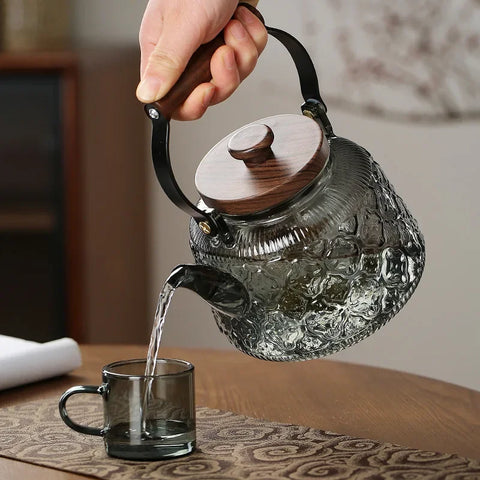 Walnut Handle Glass Teapot Household High Borosilicate Tea Infuser Steaming Integrated Flower Teapot Can Heat The Kettle