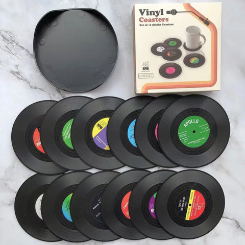 6PCS Retro Vinyl Record Coaster Set with Storage Rack - Heat-resistant, CD Shaped Beverage Mat Suitable for Coffee and Tea Cups