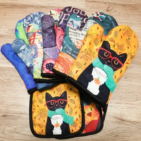 Blue Cat Pattern Microwave Glove Cute Baking Gloves and Mat Polyester Oven Mitt Insulation Potholder Kitchen Tools Accessories