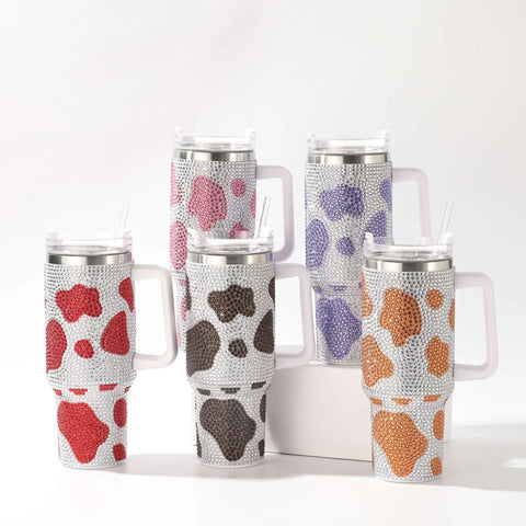 40oz Diamond Handle Tumbler Cow Leopard Printed Modern Tumbler Insulated Cup Reusable Stainless Steel Water Bottle Travel Mug