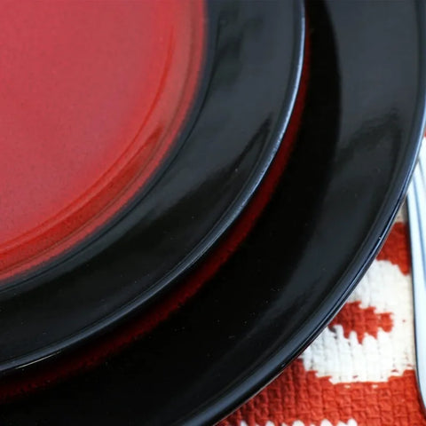 Round Stoneware Two-Toned Dinnerware Dish Set, 16 Piece, Bright Red and Black