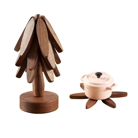 4PCS Wooden Trivets for Hot Dishes Folding Tree Shape Black Walnut Table Mat Holders Heat Insulated Pad Set Coasters for Pots