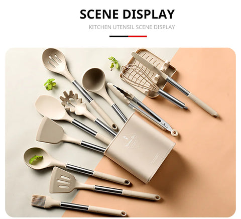 13 PCS Silicone Kitchen Utensil Set Stainless Steel Handle Kitchen Cooking Baking Tools Kitchenware Accessories Storage Bucket