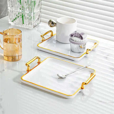 Serving Tray with Handles Food Tray Rectangle Plate Easy to Clean Platter Cosmetic Tray Gold Rim Decorative Tray for Parties