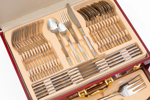 18/10 Flatware Service for 12-75 Piece Stainless Steel  Polished Cutlery with Gold Accents 3 Piece Hostess Serving Ensemble