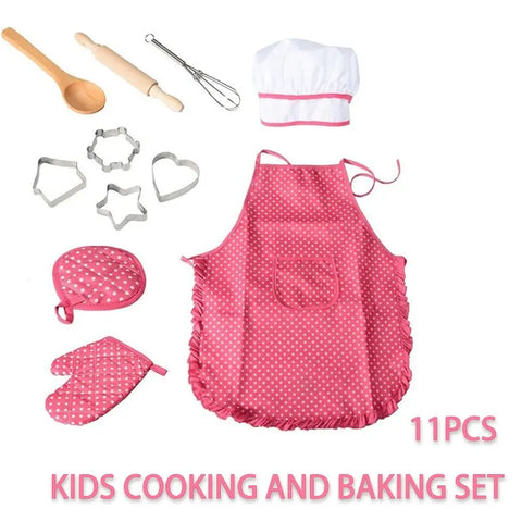 11PCS Kids Cooking Baking Set Chef Set, Includes Apron for Girls, Chef Hat, Mitt & Utensil Gifts for 3-10 Year Old Kids