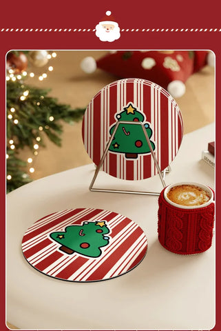 Christmas Style Coasters Tabletop Tea Cups Absorbent Pads Bowl Plates Circular Placemats Drain Christmas Party Accessories