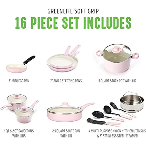 Soft Grip Healthy Ceramic Nonstick, 16 Piece Cookware Pots and Pans Set, PFAS-Free, Dishwasher Safe, Soft Pink