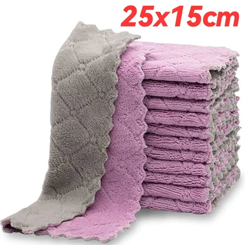 12/1pcs Double-layer Microfiber Towel Super Absorbent Coral Fleece Cleaning Cloths Kitchen Non-stick Oil Dishcloths Scouring Rag