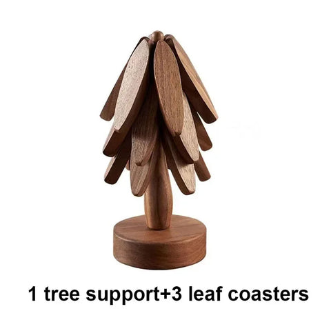 4PCS Wooden Trivets for Hot Dishes Folding Tree Shape Black Walnut Table Mat Holders Heat Insulated Pad Set Coasters for Pots